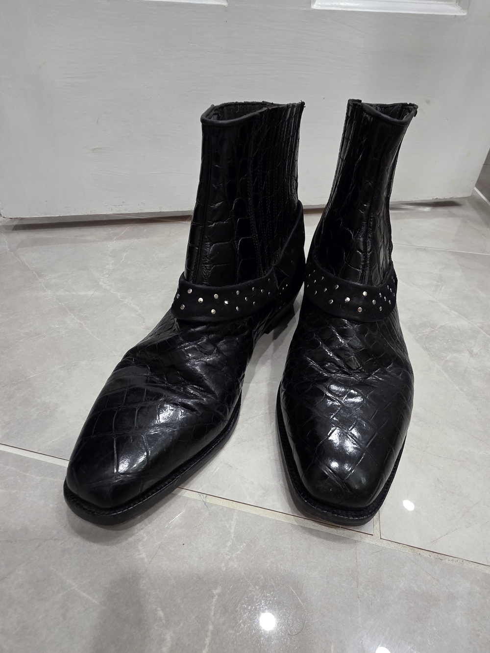 Women's Black Croc-Embossed Ankle Boots with Studded Strap